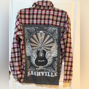 Red and Black Casual Button Down Shirt with Nashville Music Graphic Oversize fit